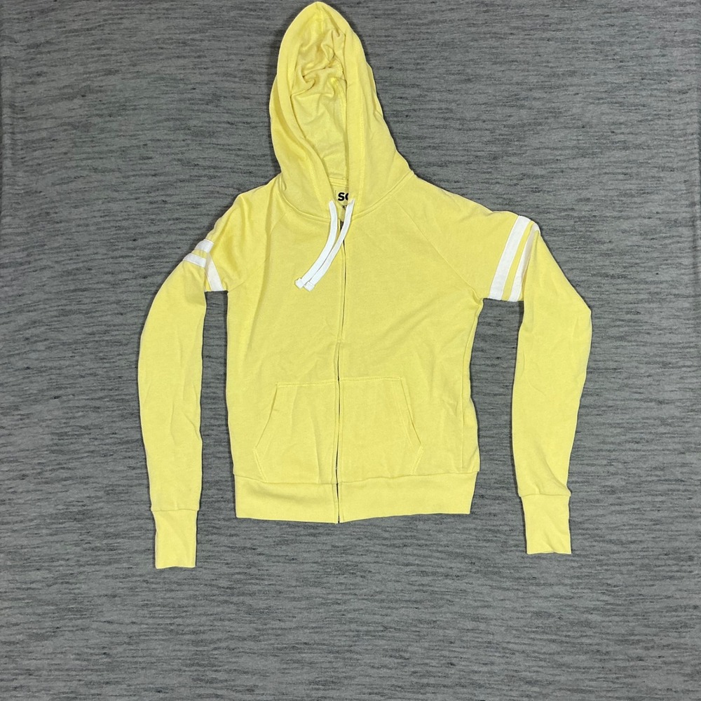 SO Goods For Life Yellow Full Zip Hoodie Sweatshirt White Sleeve Stripes XS